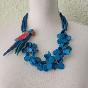 Vtg Wooden Multi Strand Blue Bead Necklace Parrot 24" Handpainted Tropical Beach